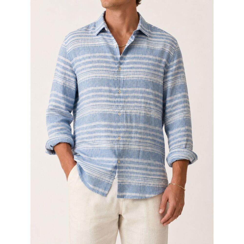 Tommy Bahama Men's XL 100% Linen Blue White Striped Button Up Shirt Resort